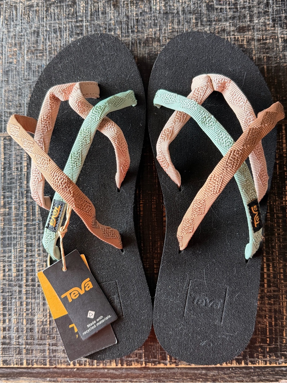 Teva Women’s Black Sandals with Peach and Mint Straps